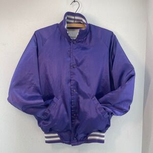 Vintage Purple Satin Bomber Jacket Quilted Striped Ribbed Collar Cuffs Unisex